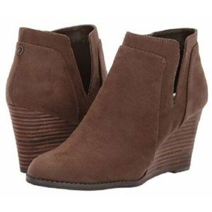 Anne Klein Wedge Ankle Booties Women 10.5 Brown Suede Cutout Boot